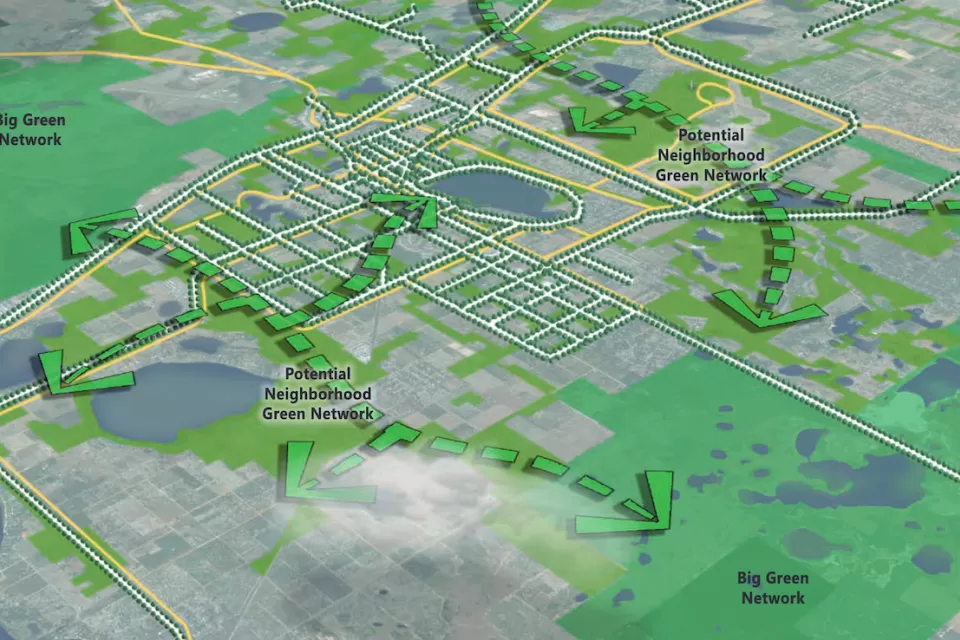 Map drawing from Lake Wales, Florida master plan highlighting green networks.